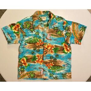 VTG 70s Hawaii Resort Shops Men 2XL Aloha Shirt Blue Tropical Cotton Button Down
